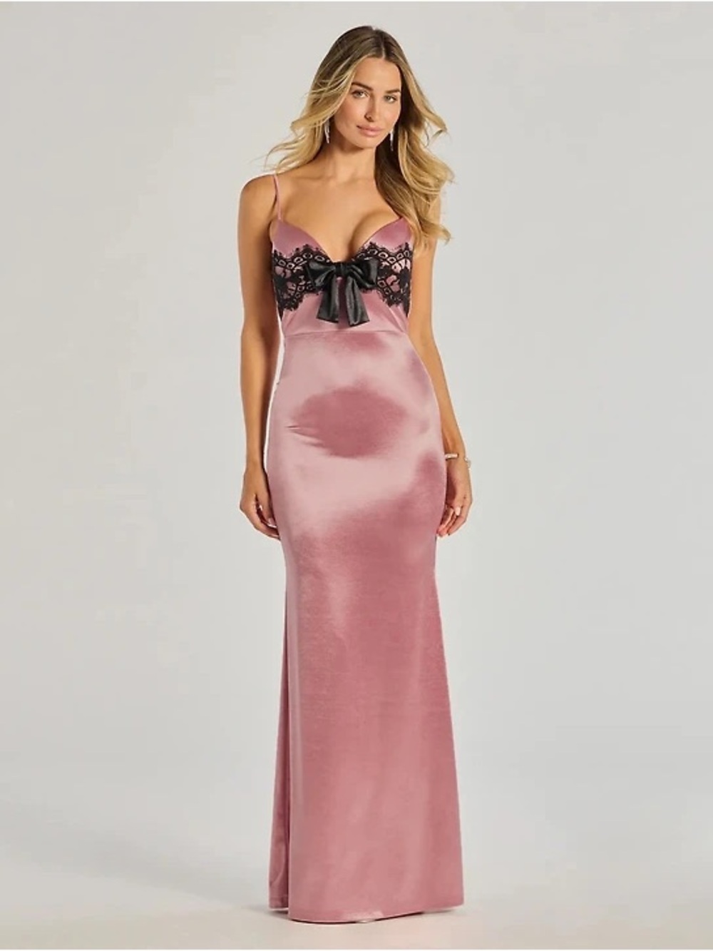 Jayden V-Neck Lace Trim Bow Satin Mermaid Formal Dress
